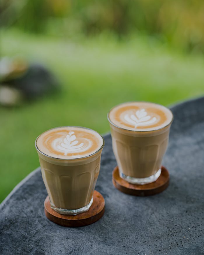 Two glasses of latte art coffee on a table outdoors, showcasing intricate leaf designs.